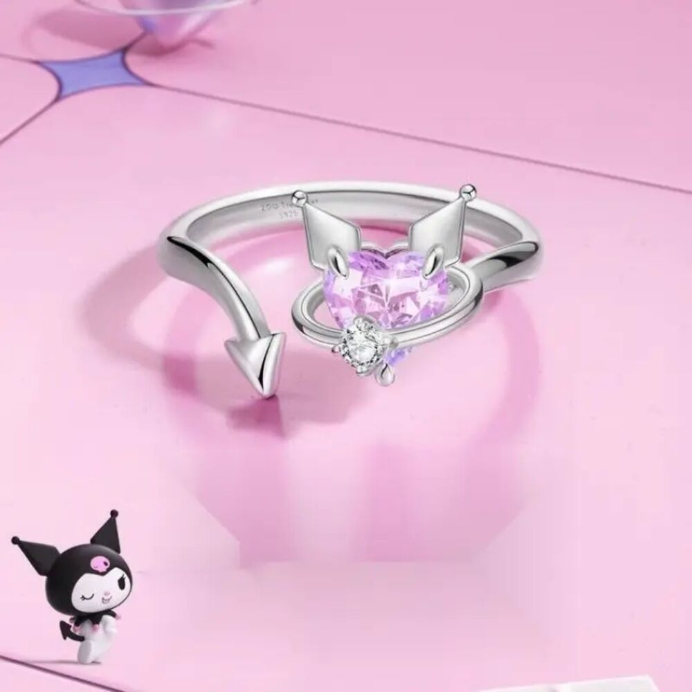 Adjustable Sanrio Kuromi Silver toned Ring – Cute Pastel Goth Heart Jewelry